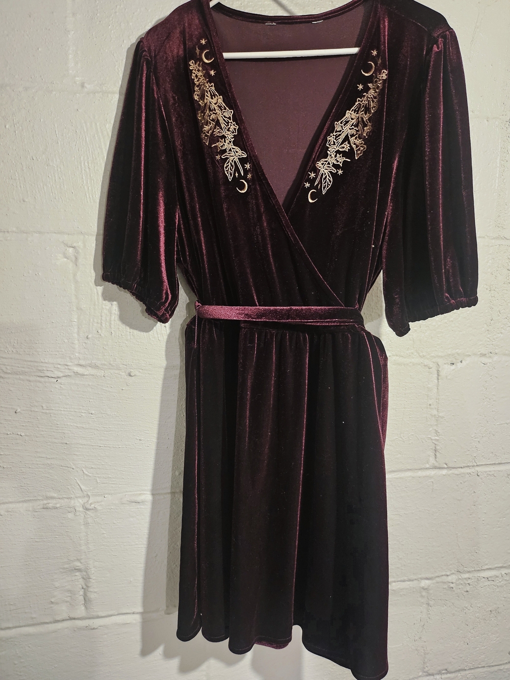 Hera Embroidered Mini Wrap Dress in Deep Plum - Picture 3 of 3